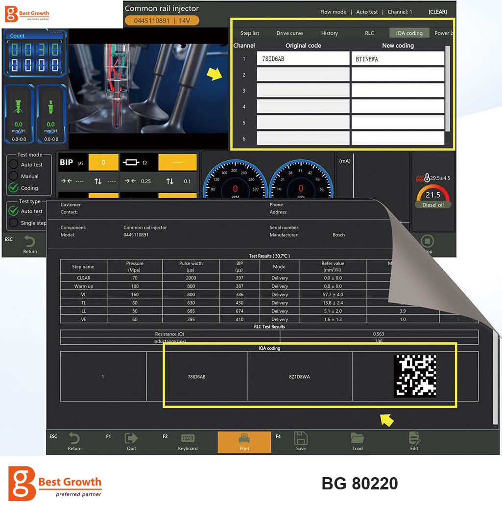 BG 80220 injector coding interface and sample report showing component identity, test conditions and coding fields